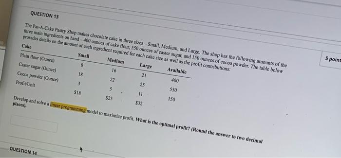 QUESTION 13 The Pat-A-Cake Pastry Shop makes