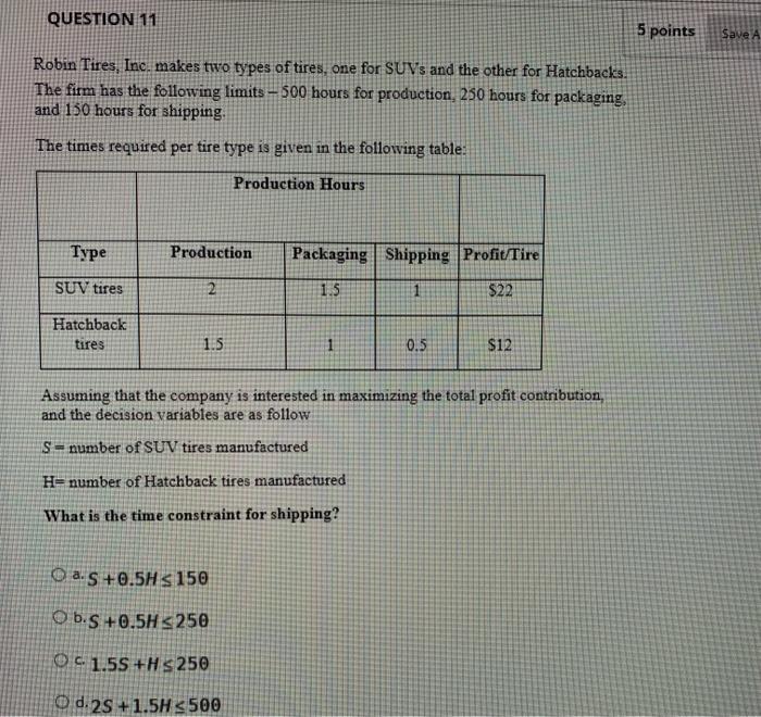 QUESTION 11 5 points Save A Robin Tires, Inc,