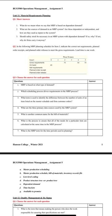 please solve asap BUS3500 Operations Management