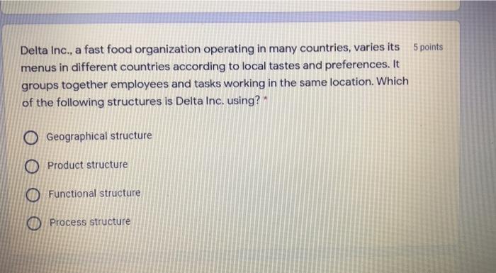 Delta Inc., a fast food organization operating in