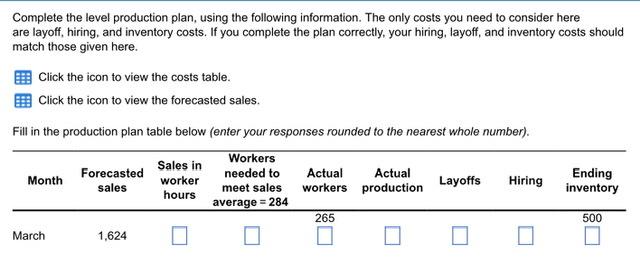 Complete the level production plan, using the