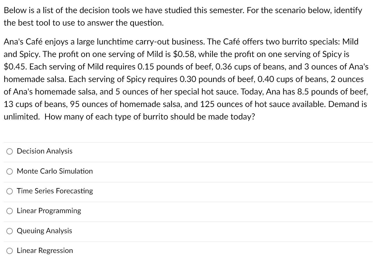 Below is a list of the decision tools we have