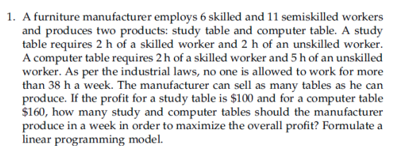 1. A furniture manufacturer employs 6 skilled and