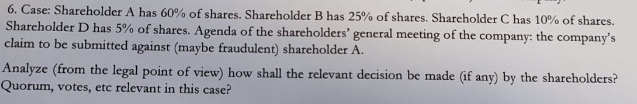 6. Case: Shareholder A has 60% of shares.