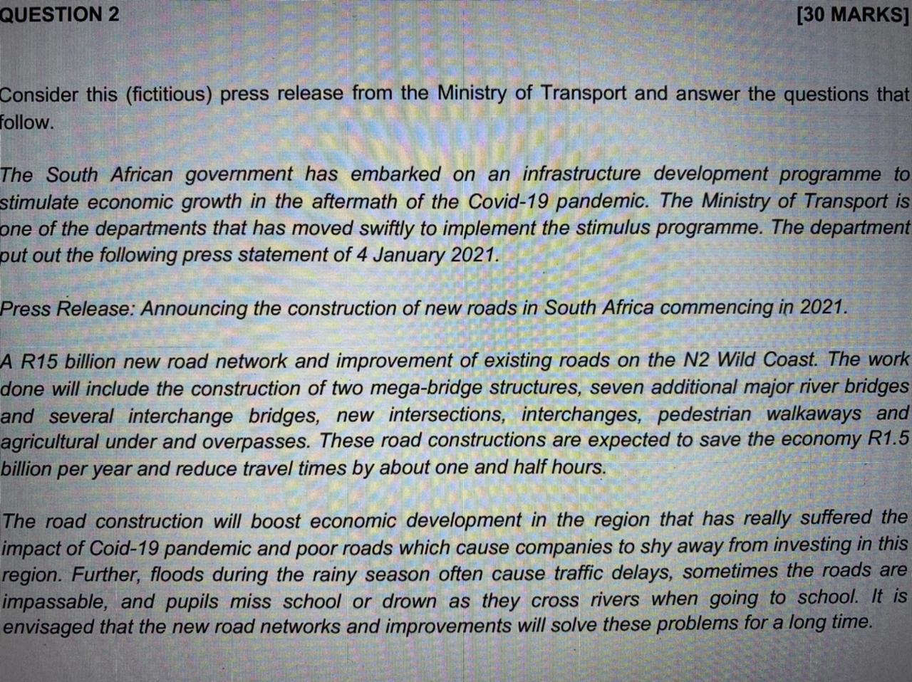 QUESTION 2 [30 MARKS] Consider this (fictitious)