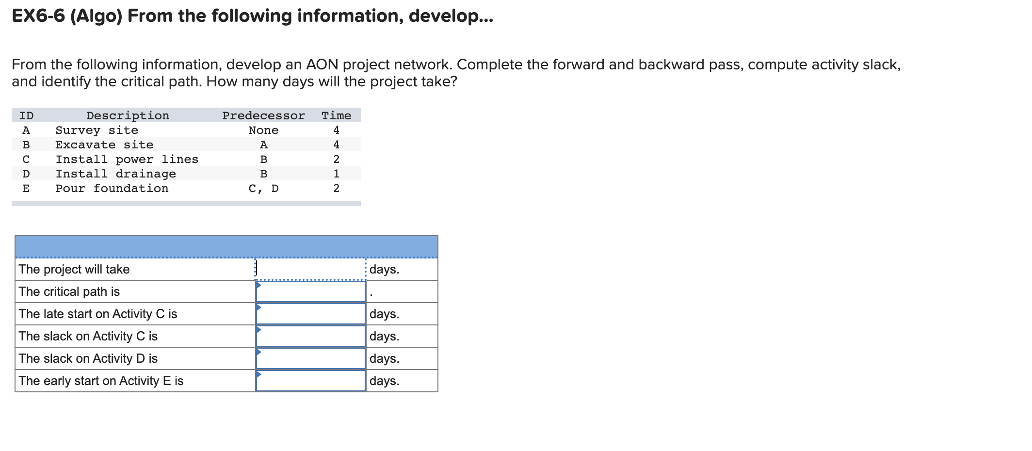 EX6-6 (Algo) From the following information,