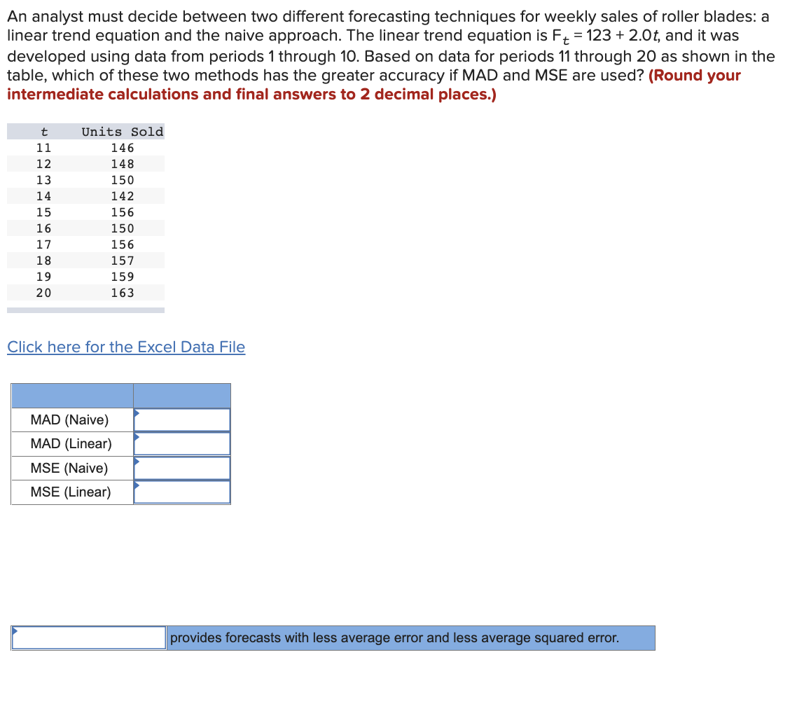 1. MAD (Naive), MAD (linear), MSE (Naive), (MSE