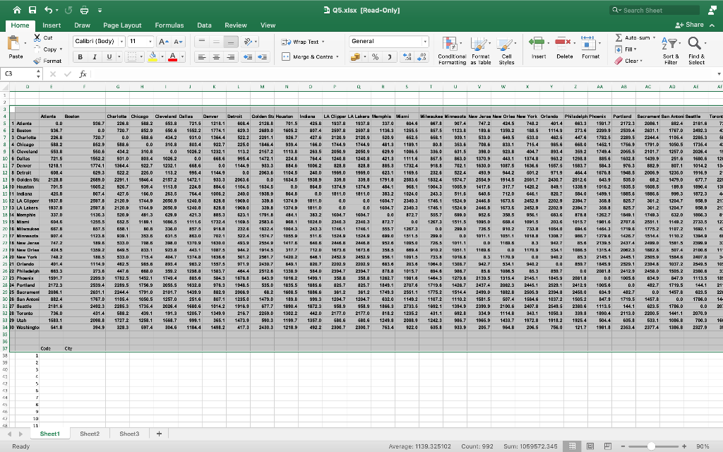 The sheet Q5 contains the distance (in miles)