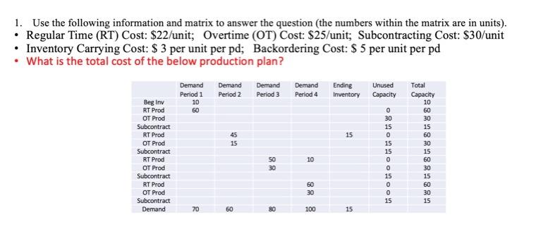 1. Use the following information and matrix to