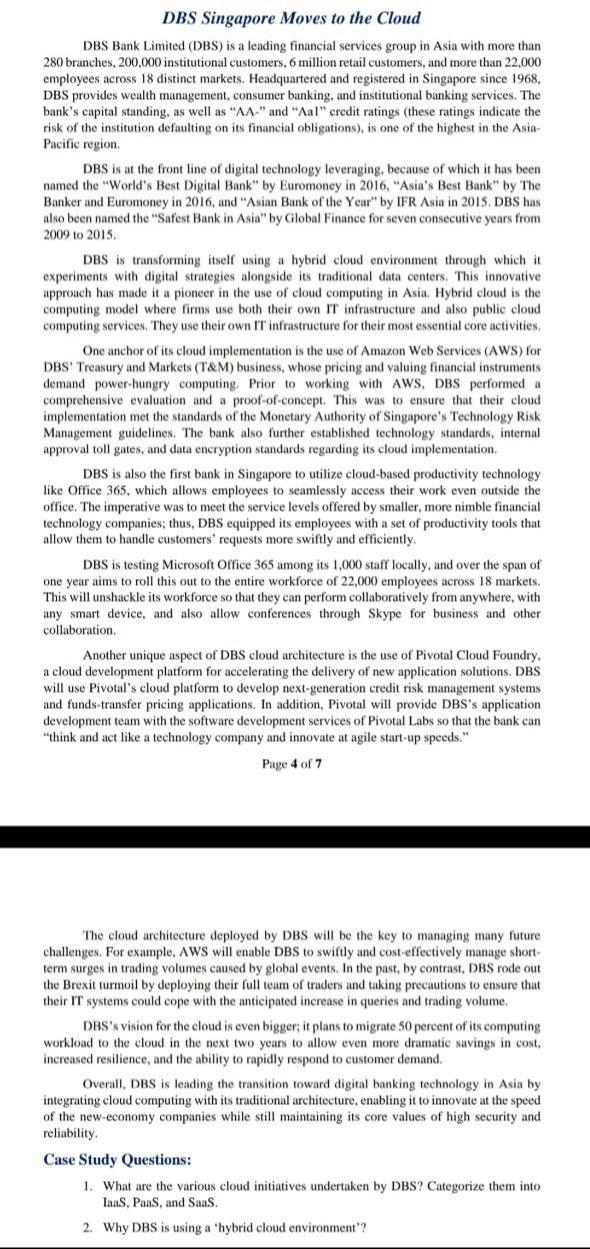 DBS Singapore Moves to the Cloud DBS Bank Limited