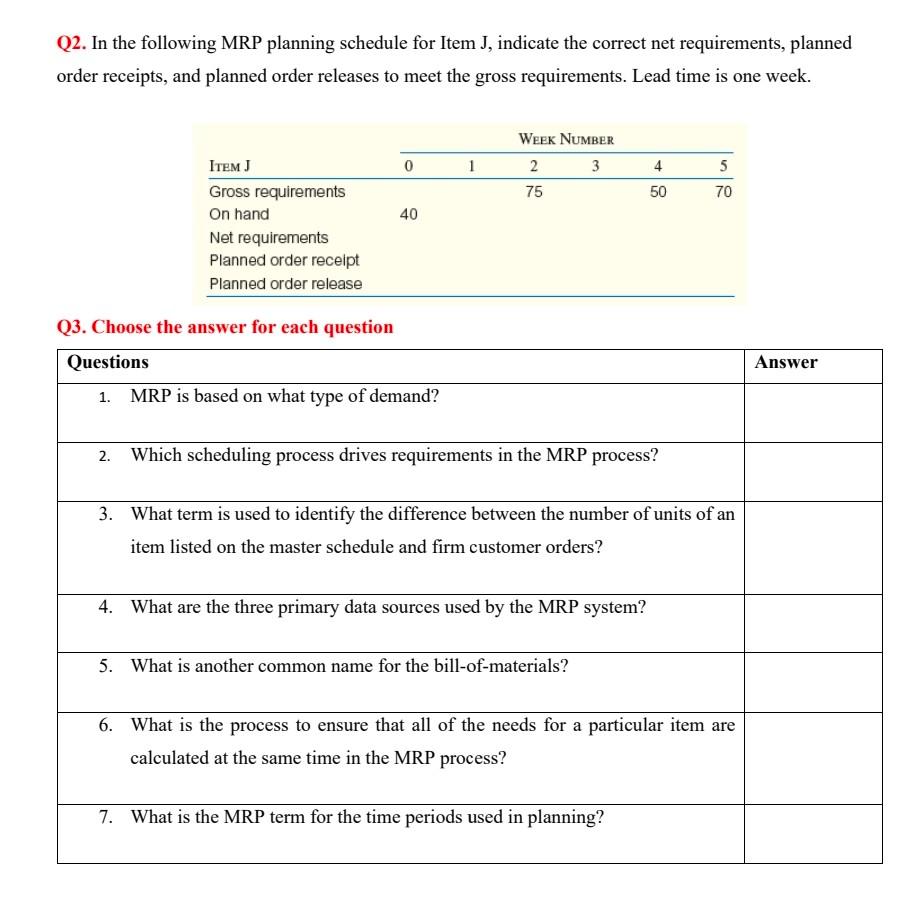 please write in typing Q2. In the following MRP