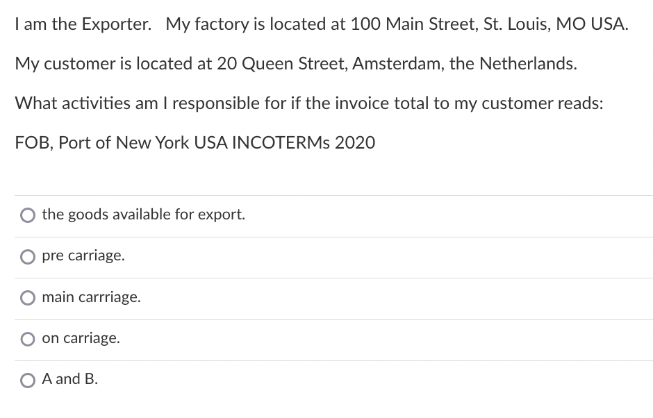 I am the Exporter. My factory is located at 100