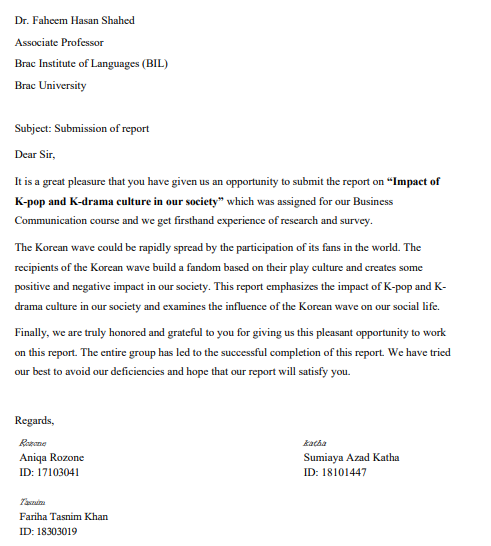 Write a Forwarding letter on Impact of