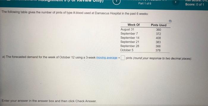 Part 1 of 6 Score: 0 of 1 The following table