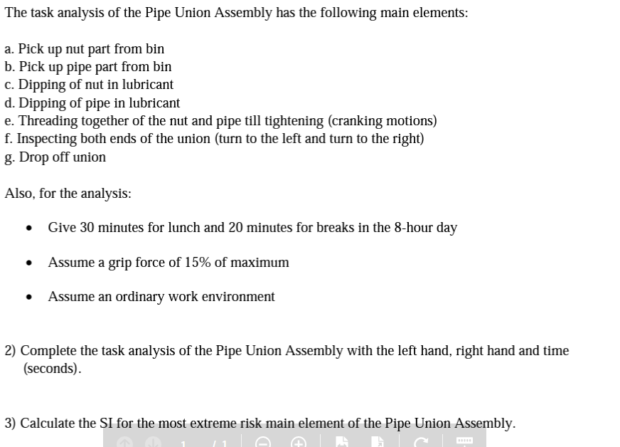 The task analysis of the Pipe Union Assembly has