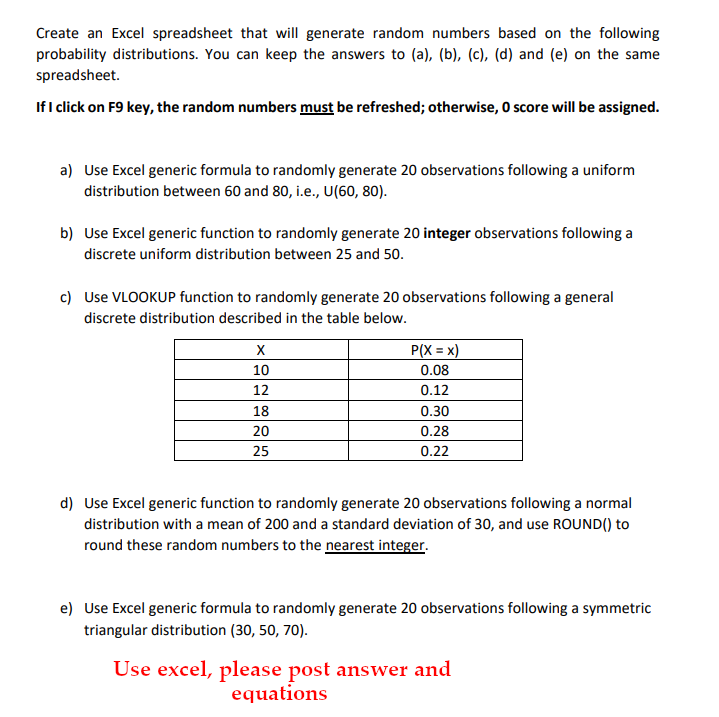 Create an Excel spreadsheet that will generate