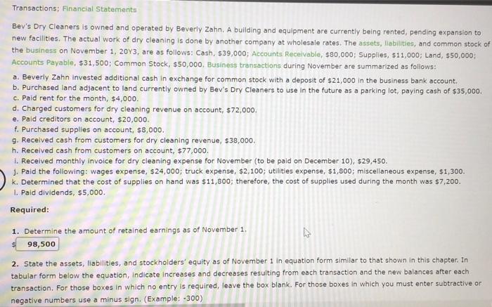 Transactions; Financial Statements Bev's Dry
