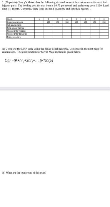 3. (20 points) Clancy's Motors has the following