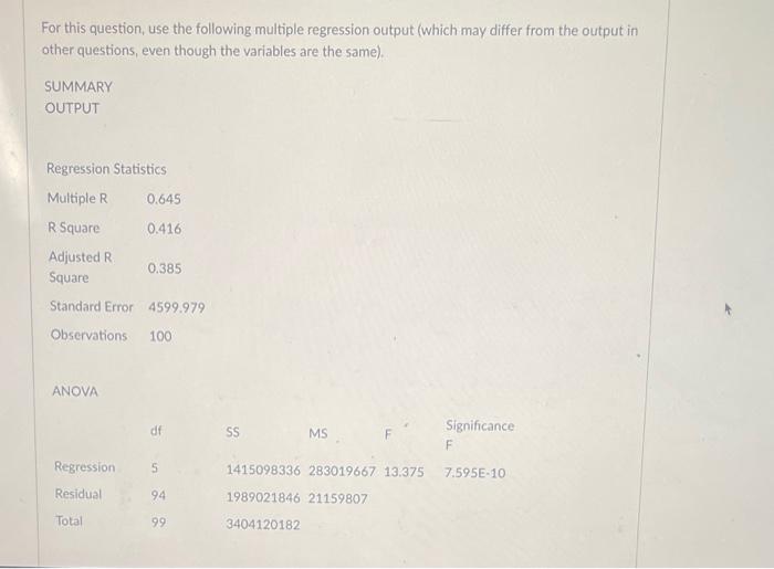 For this question, use the following multiple