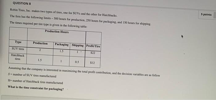 QUESTION 8 5 points Robin Tires, Inc. makes two