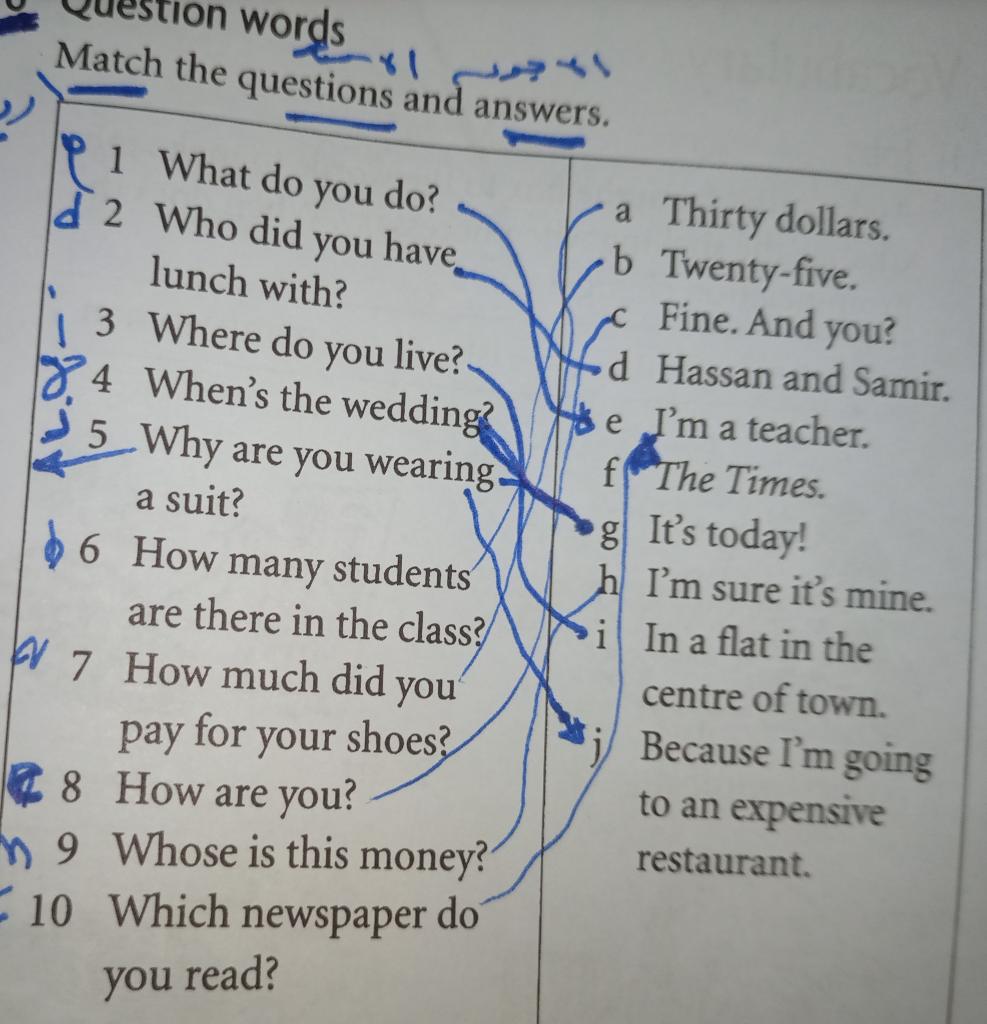 on Words Match the questions and answers. 1) Pi