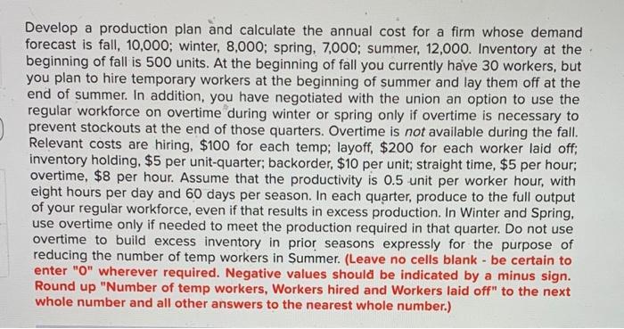 Develop a production plan and calculate the