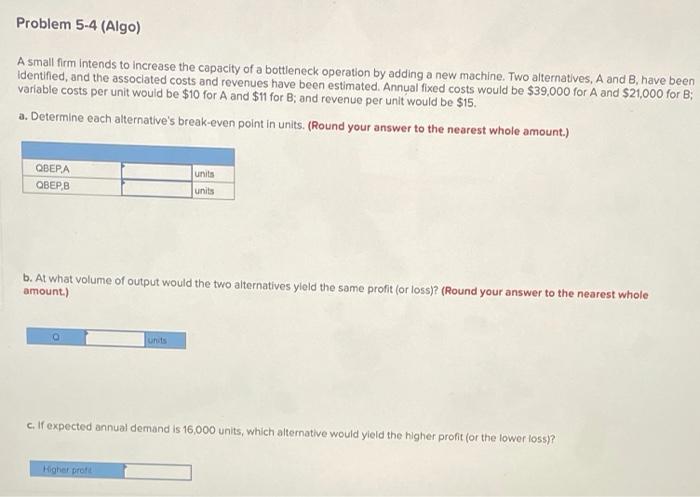 Problem 5-4 (Algo) A small firm intends to