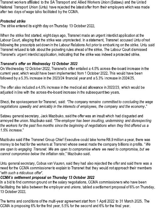 Transnet workers affiliated to the SA Transport