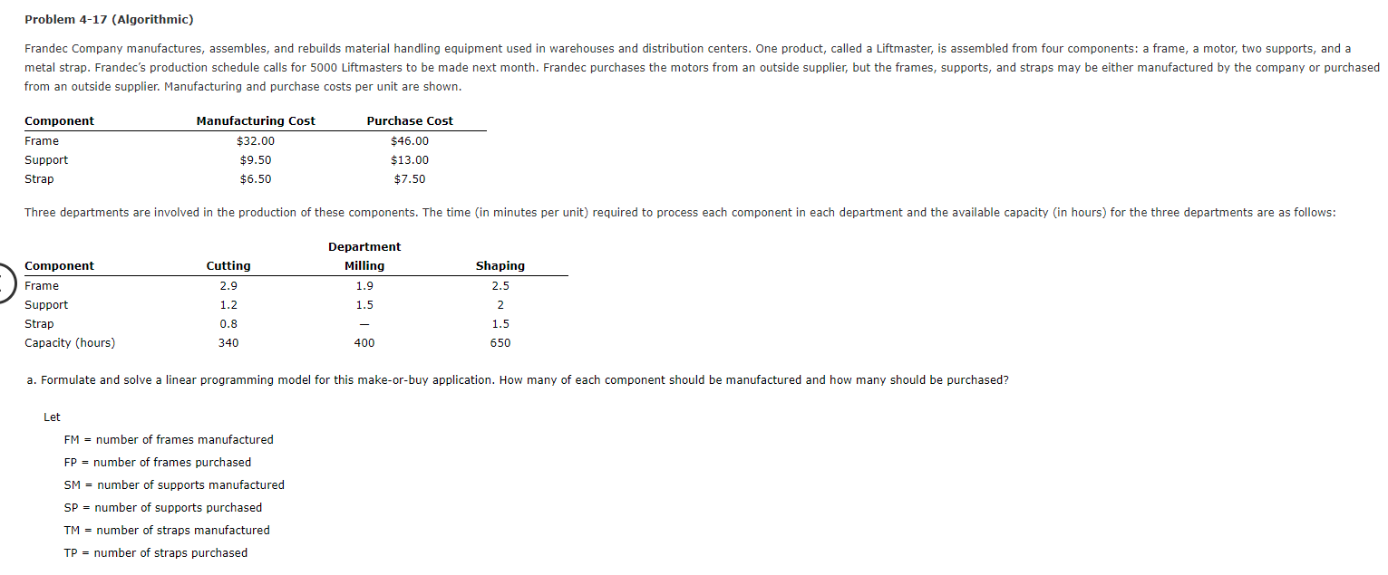 Problem 4-17 (Algorithmic) Frandec Company