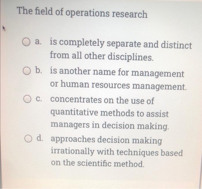 The field of operations research a. is completely