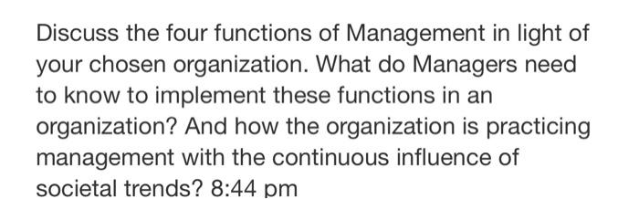 Discuss the four functions of Management in light