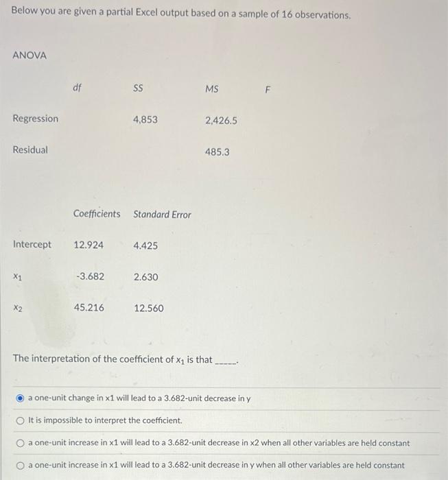 Below you are given a partial Excel output based