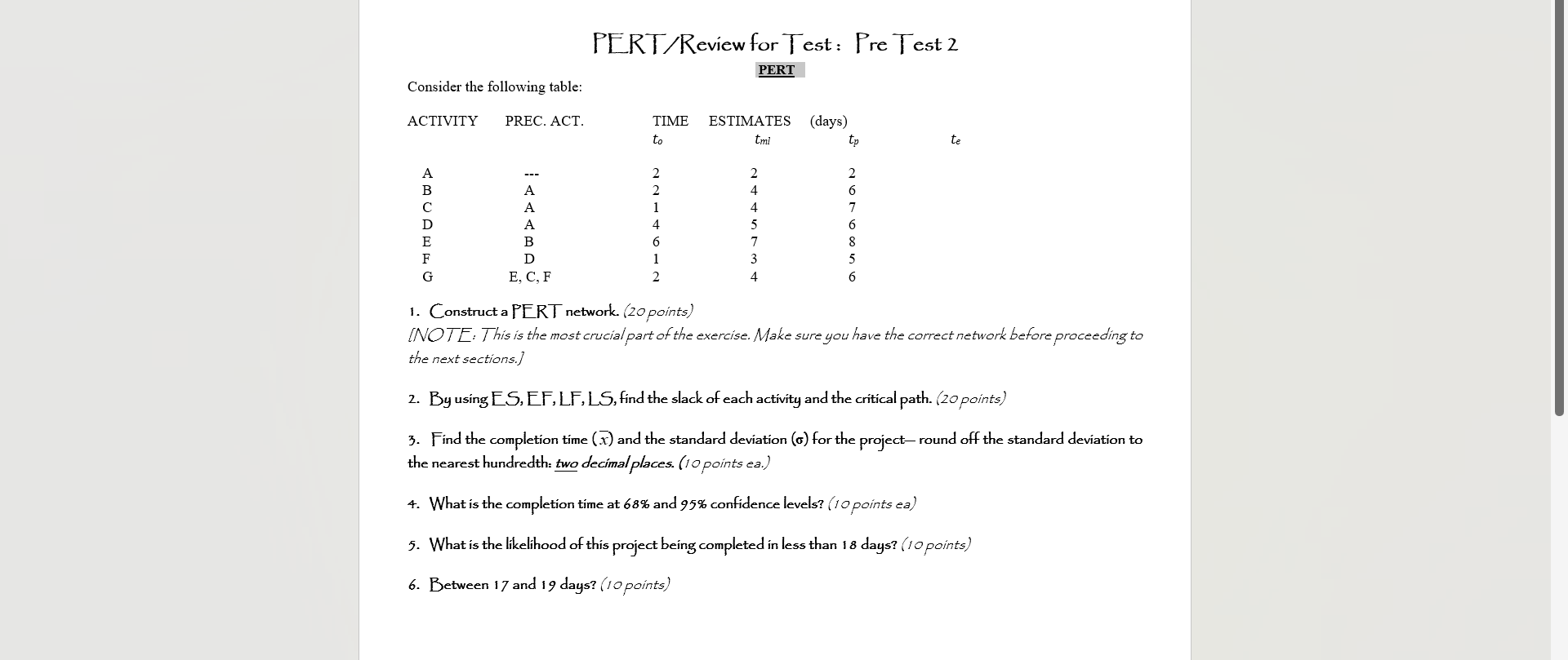 PERT/Review for Test: Pre Test 2 PERT te 1.