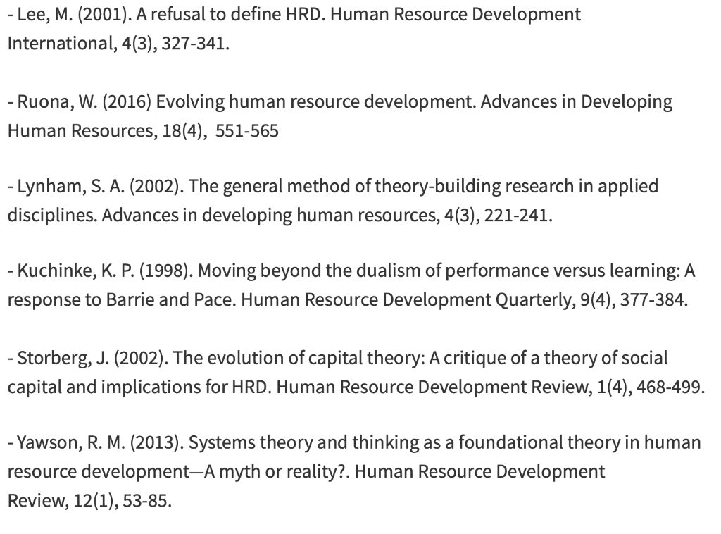 - Lee, M. (2001). A refusal to define HRD. Human