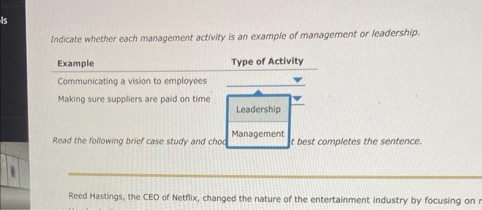ndicate whether each management activity is an