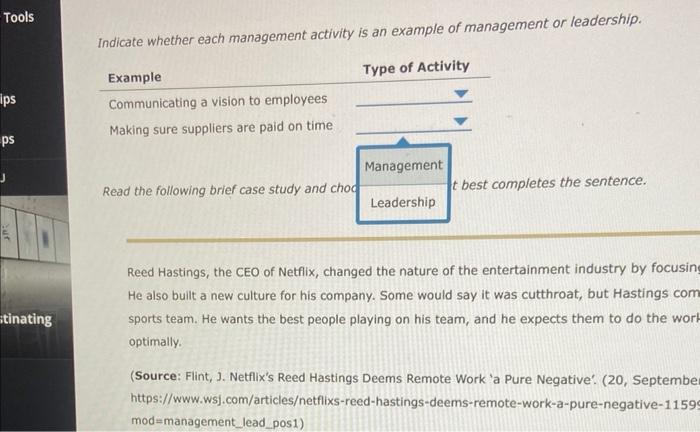 ndicate whether each management activity is an