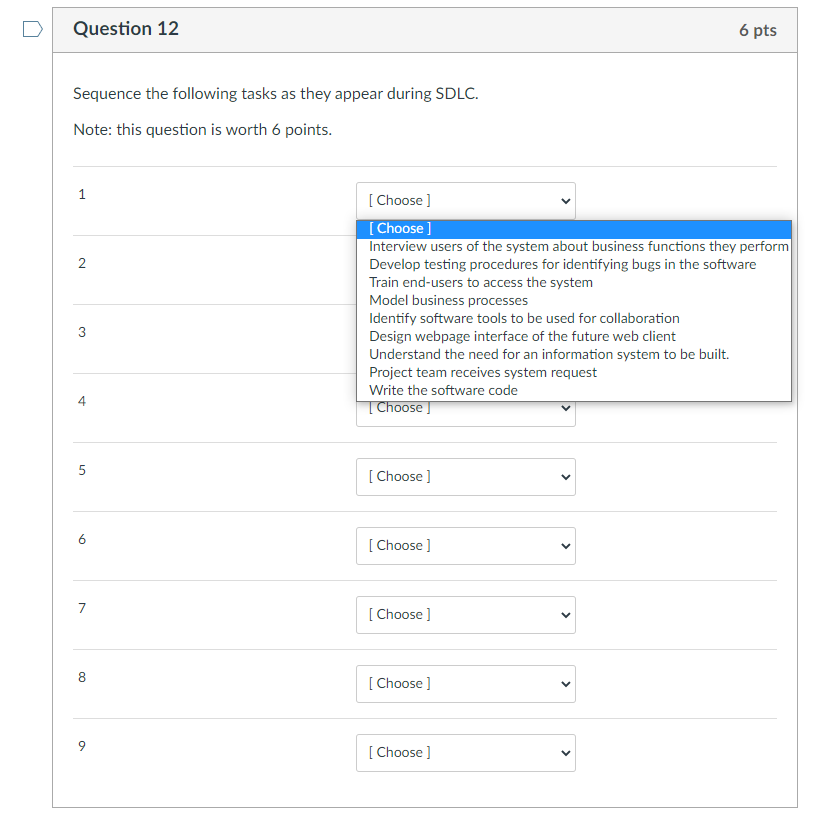 Question 12 6 pts Sequence the following tasks as