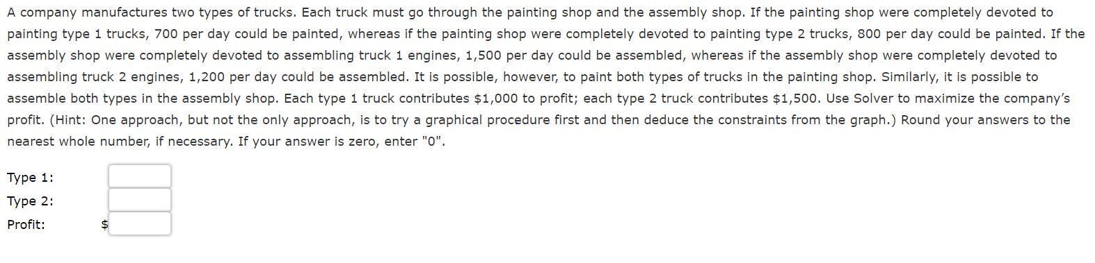 A company manufactures two types of trucks. Each