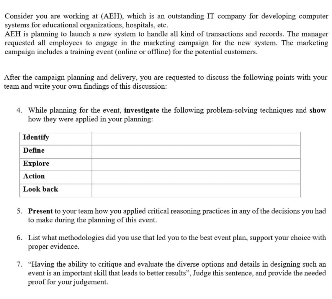 Consider you are working at (AEH), which is an