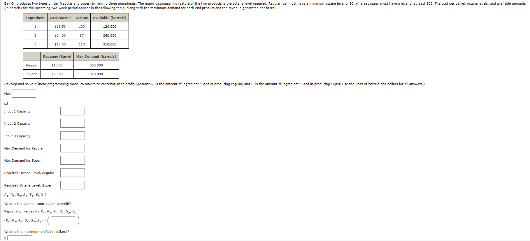 Bay Oil produces two types of fuel (regular and