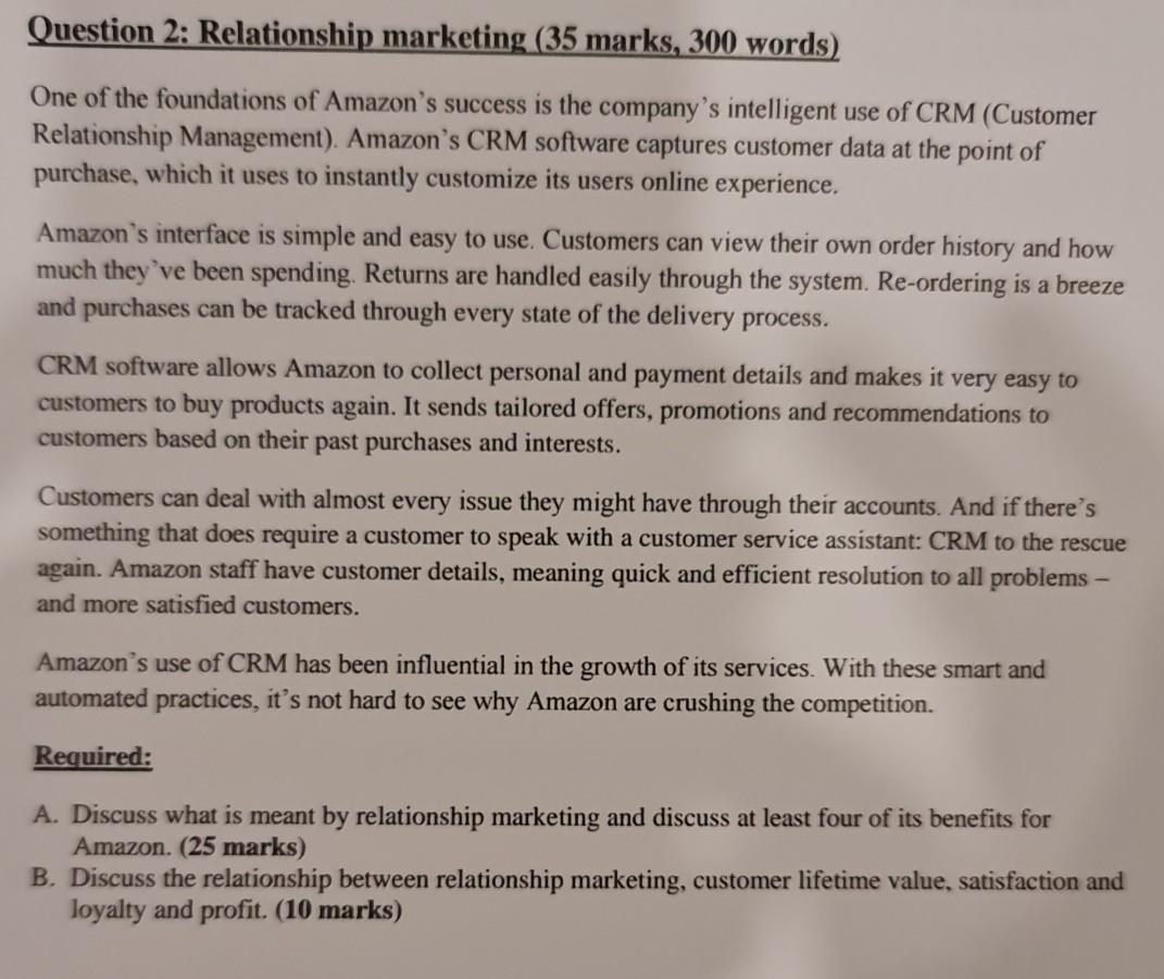 Question 2: Relationship marketing (35 marks, 300