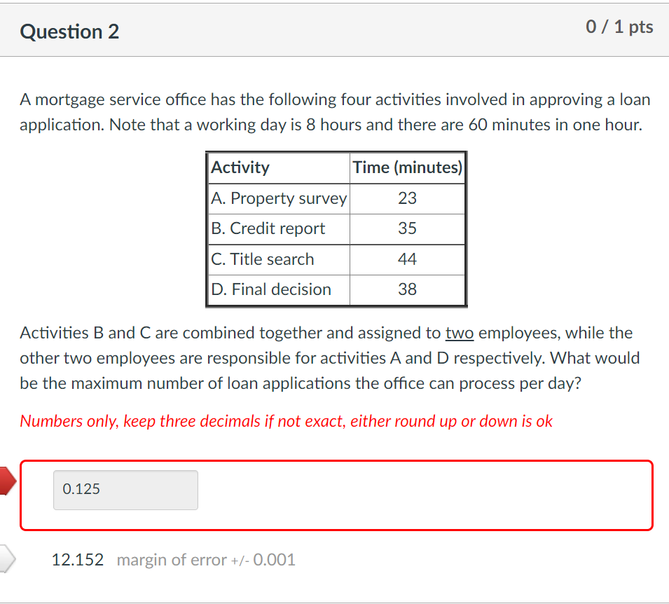 Question 2 0 / 1 pts A mortgage service office
