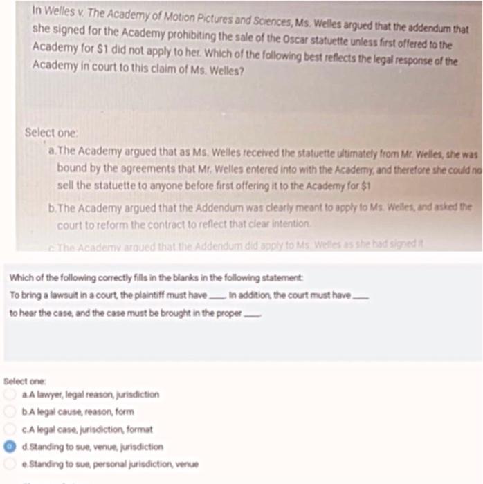 In Welles v The Academy of Motion Pictures and