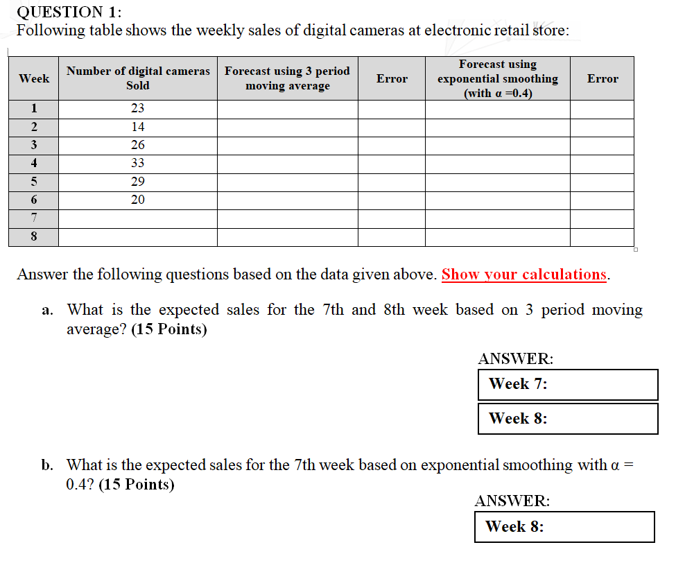 QUESTION 1: Following table shows the weekly
