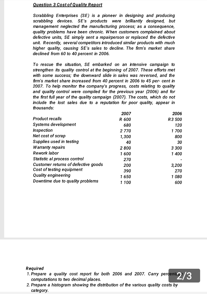 Question 3 Cost of Quality Report Scrabbling