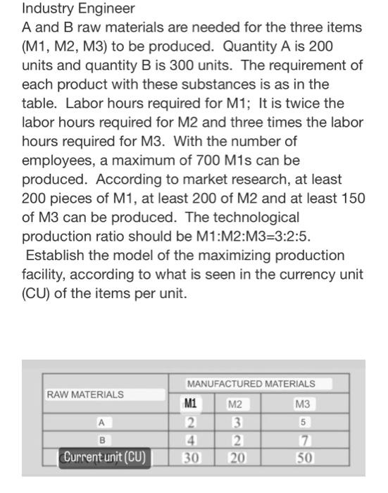 Industry Engineer A and B raw materials are