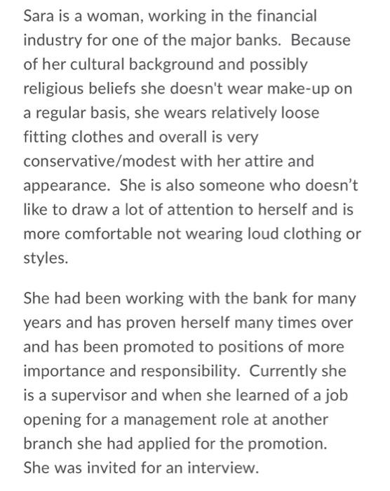 Sara is a woman, working in the financial