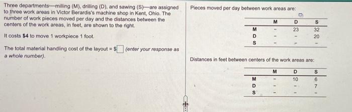 Pieces moved per day between work areas are: M