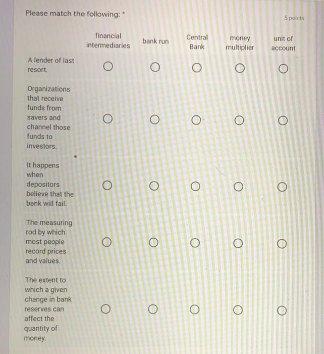 Please match the following: 5 points financial