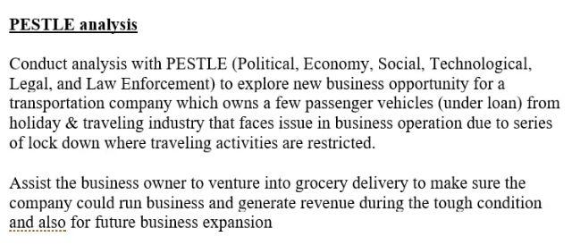 PESTLE analysis Conduct analysis with PESTLE